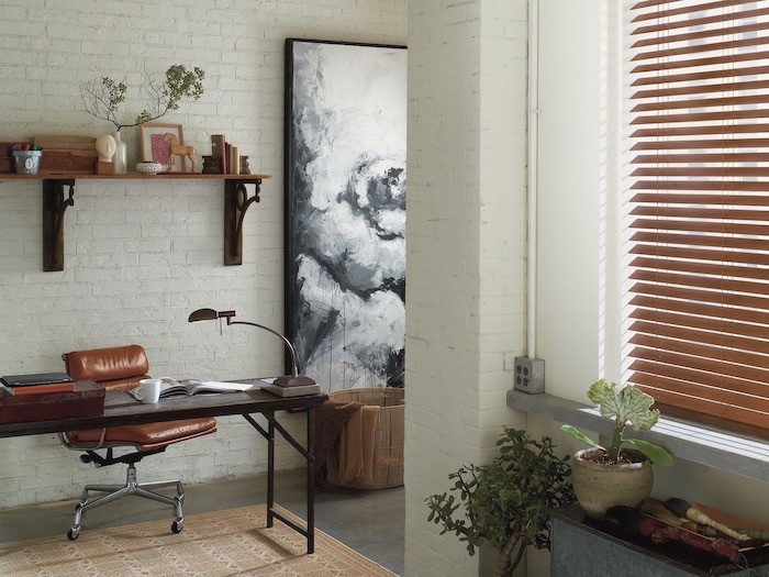 A workspace with desk, wall shelf and plants.